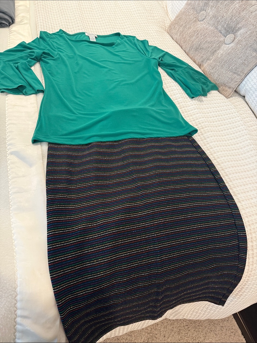 Women’s Green and Blue knit Tops and Black Multicolor metallic Striped Skirt. M.